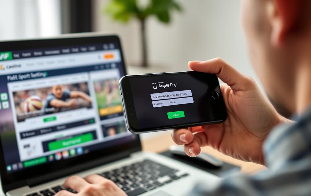 Person som betaler med Apple Pay på iPhone foran en bærbar PC med en odds-side på skjermen