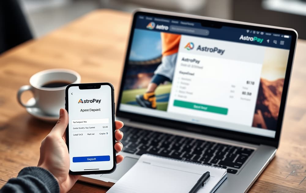 Smarttelefon med AstroPay-appen ved siden av en laptop med en bookmakers innskuddsside hvor AstroPay er valgt.