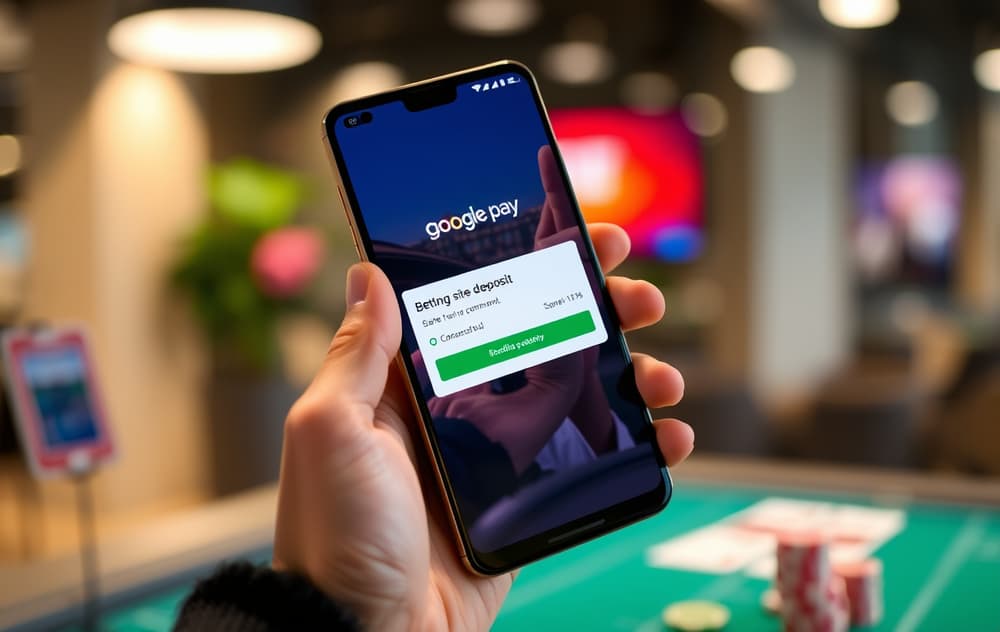 Person med Android-telefon som viser Google Pay-betaling på en bettingside.