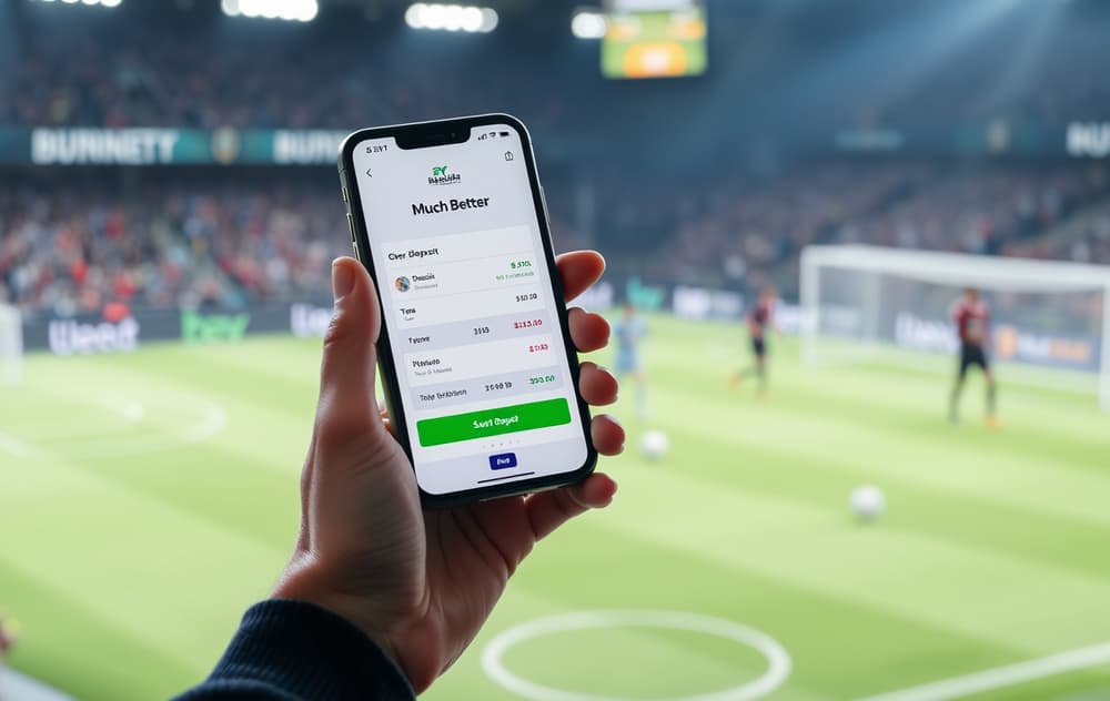 Person med mobiltelefon som viser MuchBetter-appen med innskuddsskjerm for en bettingside, fotballkamp i bakgrunnen.