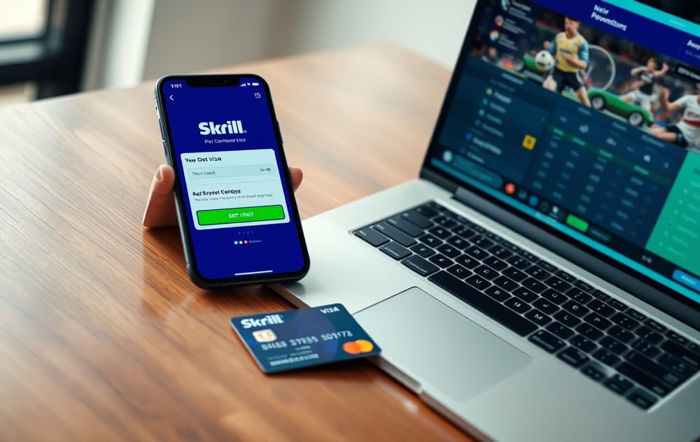 Mobiltelefon og laptop med Skrill-betaling og sportsodds på skjermen, ved siden av et Skrill Visa-kort.
