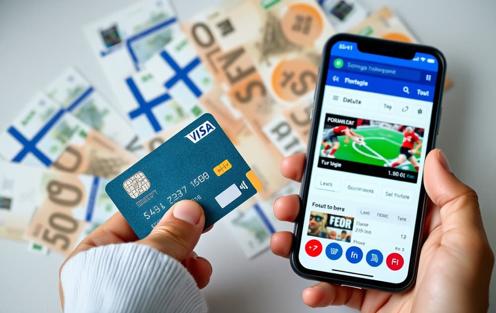 Person med Visa-kort og mobil som viser en sportsspill-side