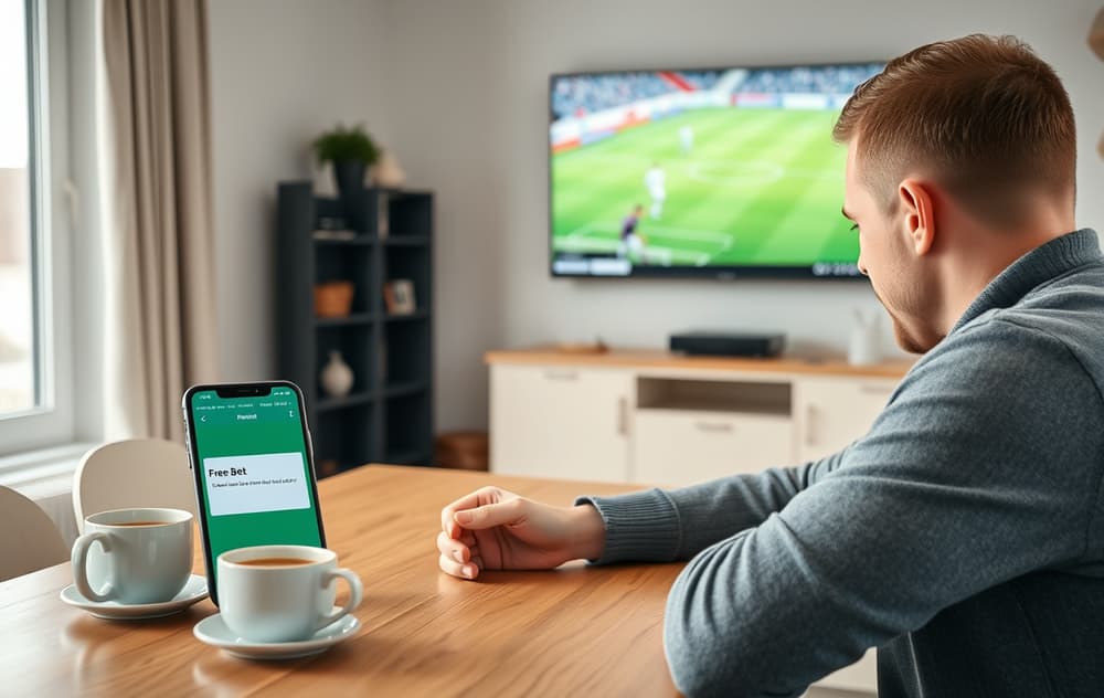 Norsk odds-spiller med mobil som viser gratisspill-bonus, fotballkamp på TV