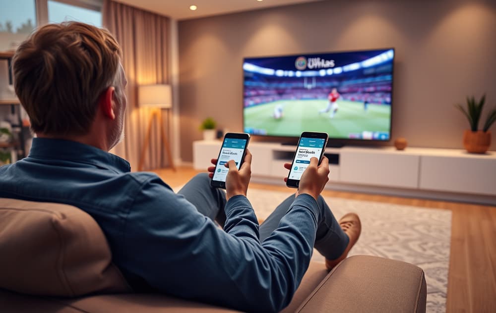 Person som ser på fotball på TV og holder mobil med cashback-notifikasjon