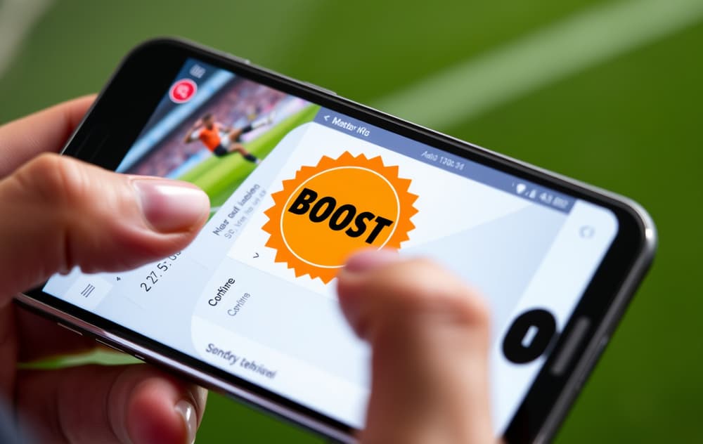 Mobilskjerm med en fotballkamp og en 'BOOST'-knapp som indikerer forbedret odds