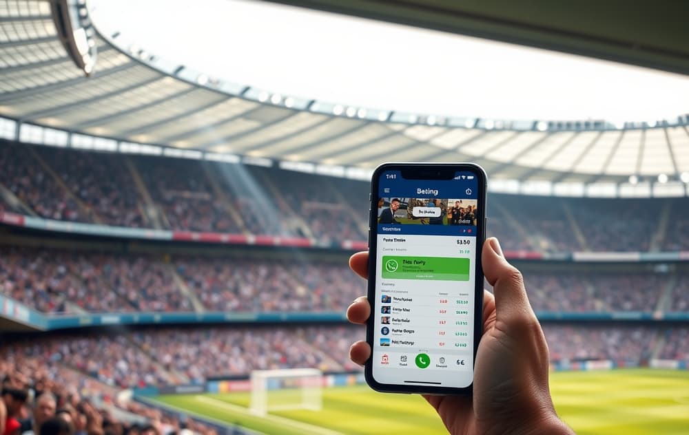 Fotballstadion med en person som holder mobil med bettingside