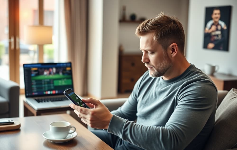 Norsk mann som ser på fotballodds på mobilen, med laptop i bakgrunnen