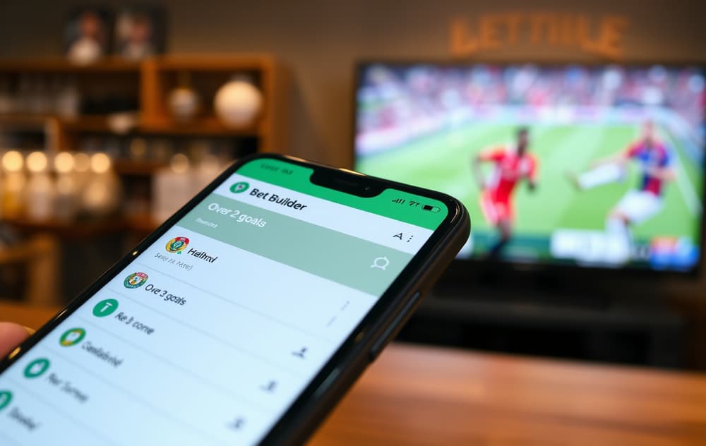 Nærbilde av en smarttelefon med oddsbygger-app for fotballkamp, med flere markeder valgt.