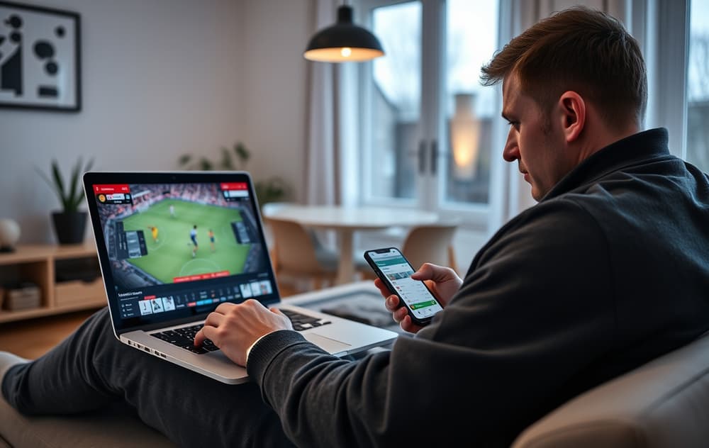 Person som sammenligner live odds på flere bettingsider under en fotballkamp.