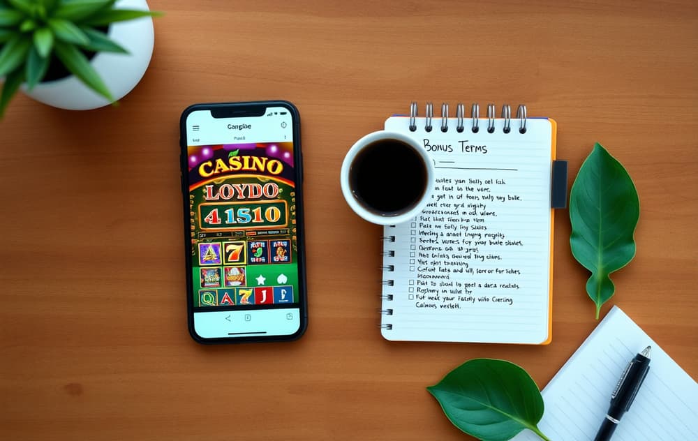 To smarttelefoner på et skrivebord som viser henholdsvis et casinohall og bonusvilkår, med kaffekopp, notatblokk og et grønt blad – fotorealistisk bilde.