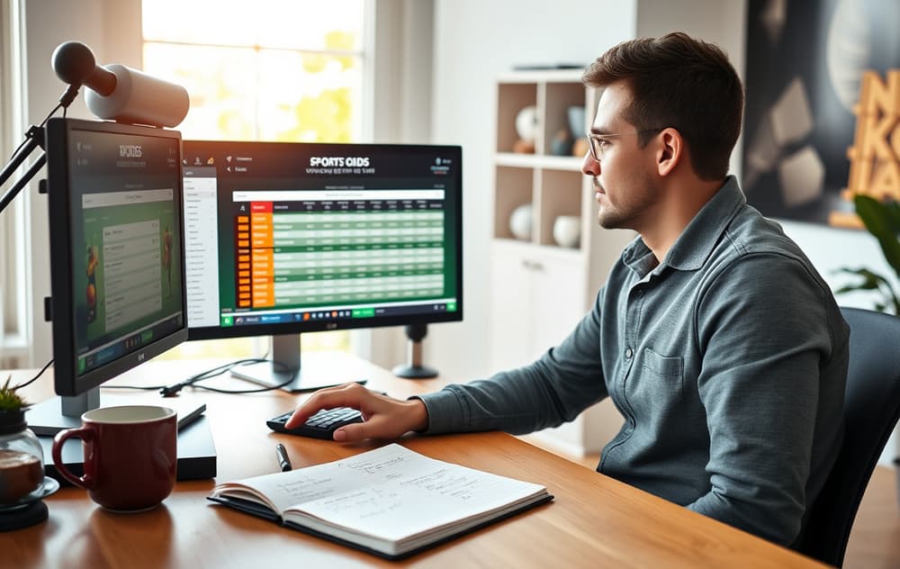 En person som sammenligner odds på to skjermer i et hjemmekontor – illustrerer research av bettingsider.