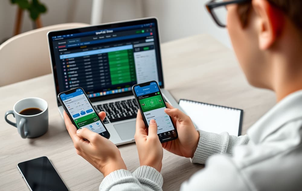 En person som sammenligner to bettingapper på mobiltelefoner, med odds på skjermen – et bilde for en guide om bettingapper.
