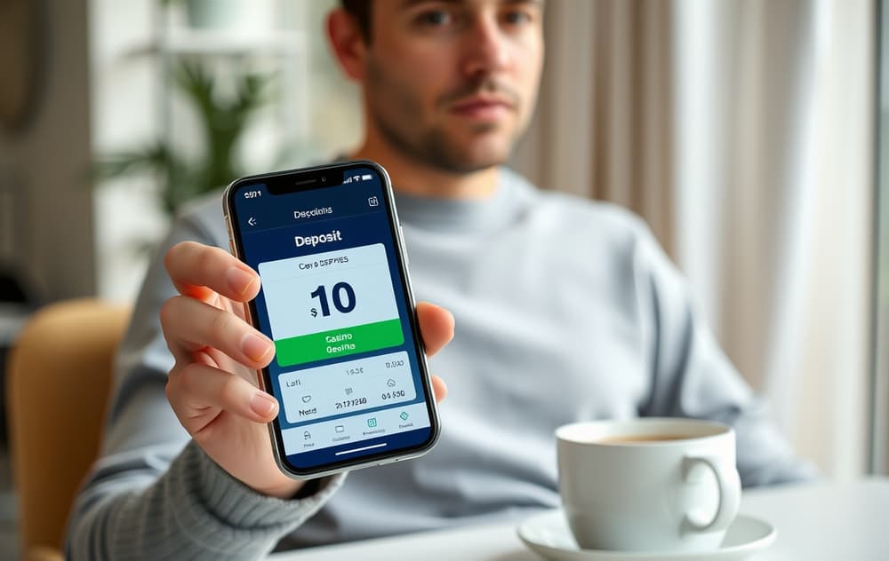 Person som spiller på mobil med 10 kroner innskudd på et nettcasino