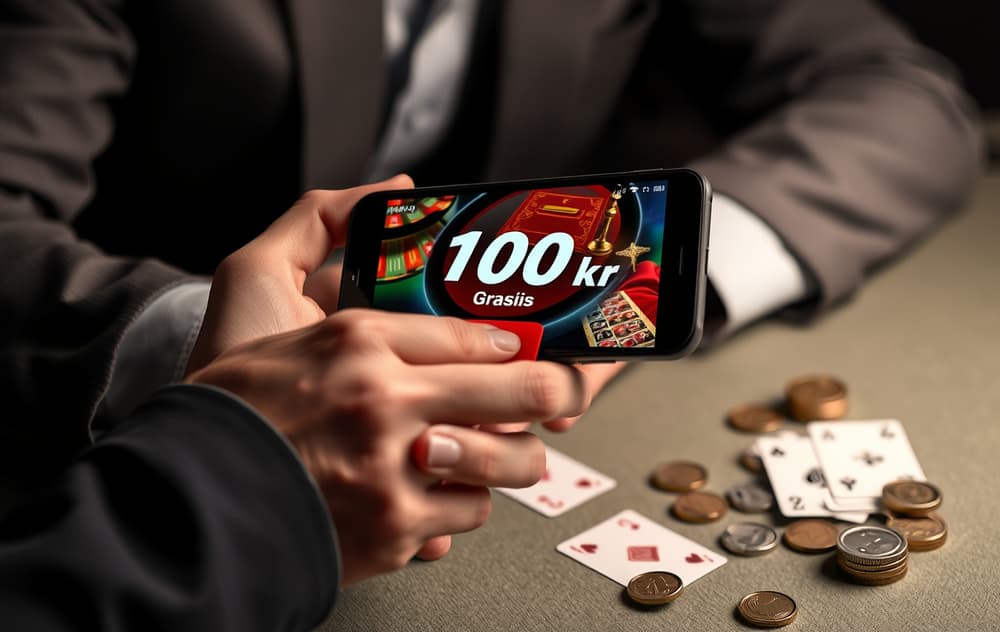 Person med mobil som viser gratis casino bonus på skjermen