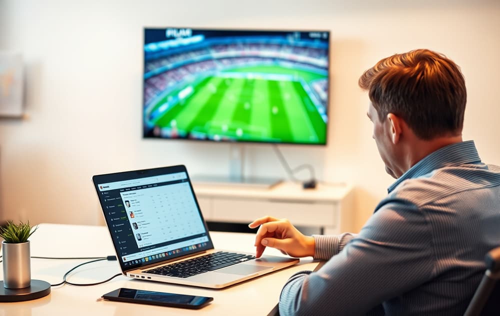 Person som sammenligner odds på to skjermer med fotballkamp i bakgrunnen.