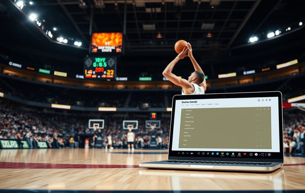 Basketballspiller tar skudd mens en telefon med odds vises foran.