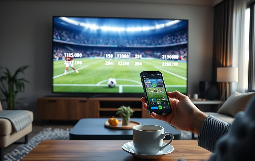 Fotballkamp på TV med odds overlagt, person med mobil og betting-app, kaffekopp på bordet.