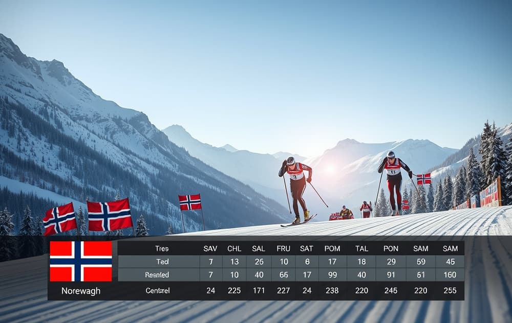 Langrennsløpere i aksjon med norske flagg i bakgrunnen, odds-info nederst.