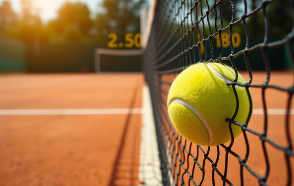 Tennisball i nettet med odds-tall i bakgrunnen på en grusbane